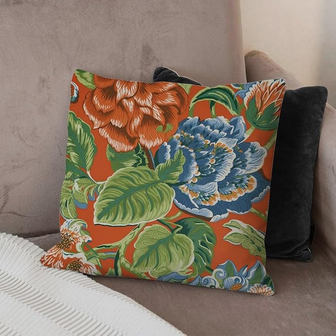 Blue Floral Chinoiserie on Orange Throw Pillow Covers Peony Chic Asian Throw Pillow Cover Abstract Outdoor Waterproof Decorative Pillow Cover for Couch Sofa Bedroom Car 22x22 in