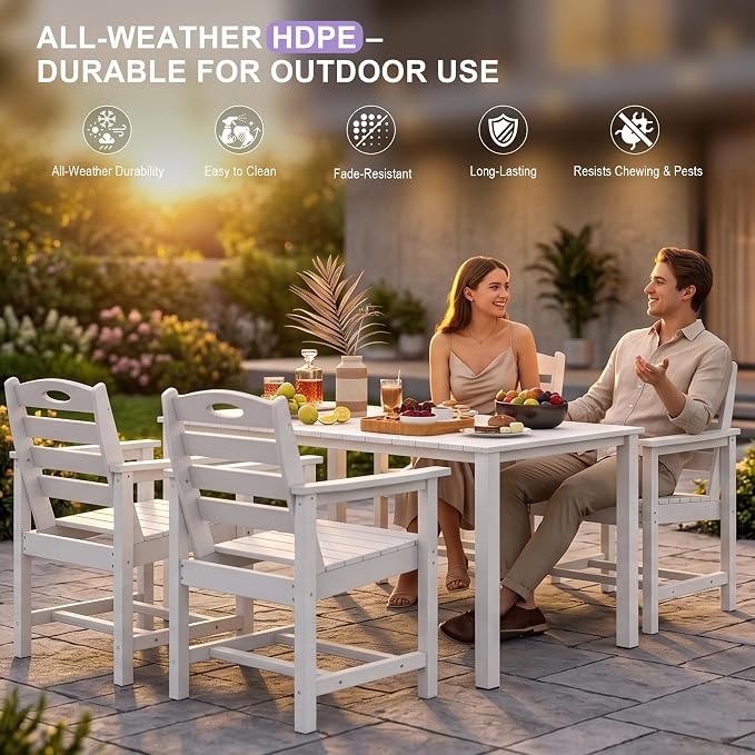 Domi HDPE Outdoor Dining Set, All-Weather 3 Piece Outdoor Dining Table Set with 2" Umbrella Hole, Outdoor Patio Dining Set for Garden, Poolside, Backyard, Deck, White