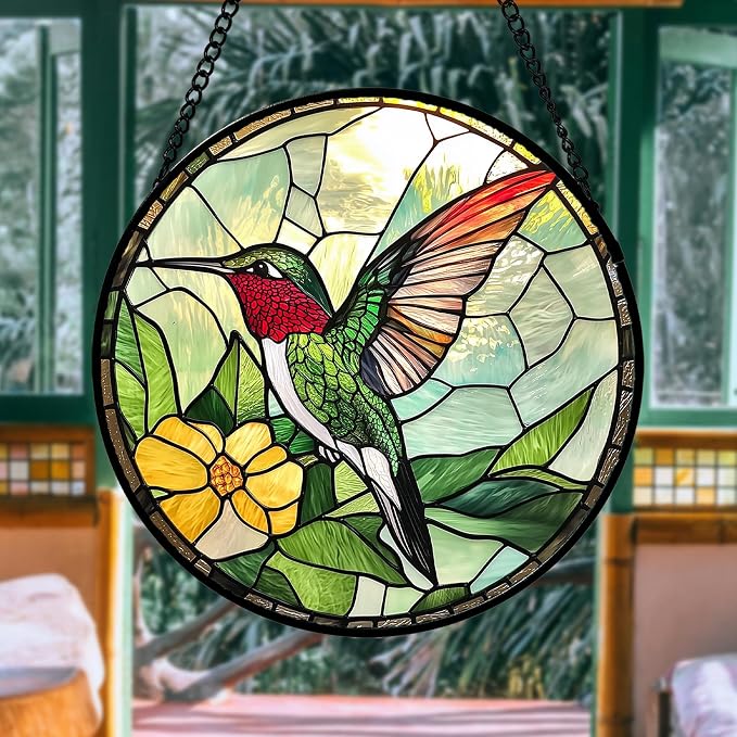 Stained Glass Window Hanging, Green Hummingbird Sun Catcher for Door Home Decor, Birds Suncatcher Christmas Mother's Day Birthday Gifts for Bird Lovers Women Men Mom and Nana 11.8 in