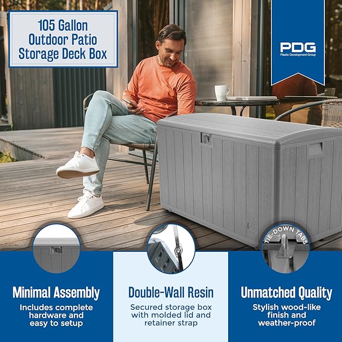 Plastic Development Group Outdoor Storage Deck Box, Soft Closure, 105 Gallon, Gray