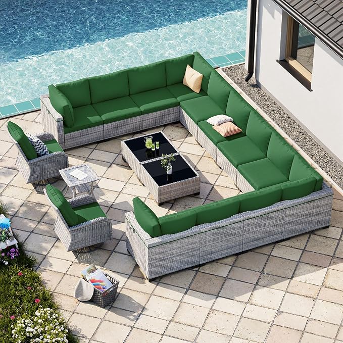 17-Piece Patio Furniture Set, Outdoor Patio Furniture with Swivel Chairs Set, Thick Cushions, Modular Patio Sofa, Dual-Strand Wicker Rattan, Rust-Resistant Frame, Dark Green