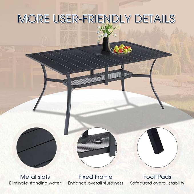 VICLLAX Outdoor Patio Dining Set for 6, Metal Slatted Patio Table with Umbrella Hole and Stackable Patio Chairs for Deck Lawn Garden, Brown Fabric and Black Tabletop