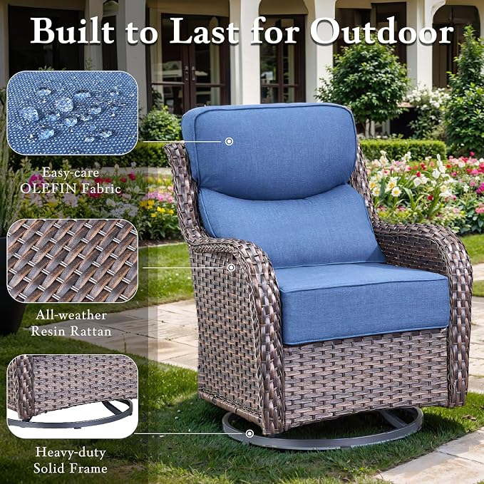 Luxury High Back Outdoor Furniture with 6-inch Extra Thick Cushions, Patio Furniture Set with Swivel Chairs, 5 PCS Wicker Conversation Set for Yard, Patio, Deck, Poolside, Brown/Blue