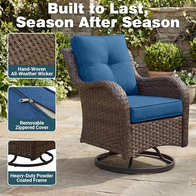 Patio Furniture Set, 10PCS Outdoor Wicker Conversation Set with 6" Thick Cushions, High Back Rattan Sofa & Swivel Rocker Chairs, Weather Resistant Olefin Fabric for Garden, Poolside, Navy Blue