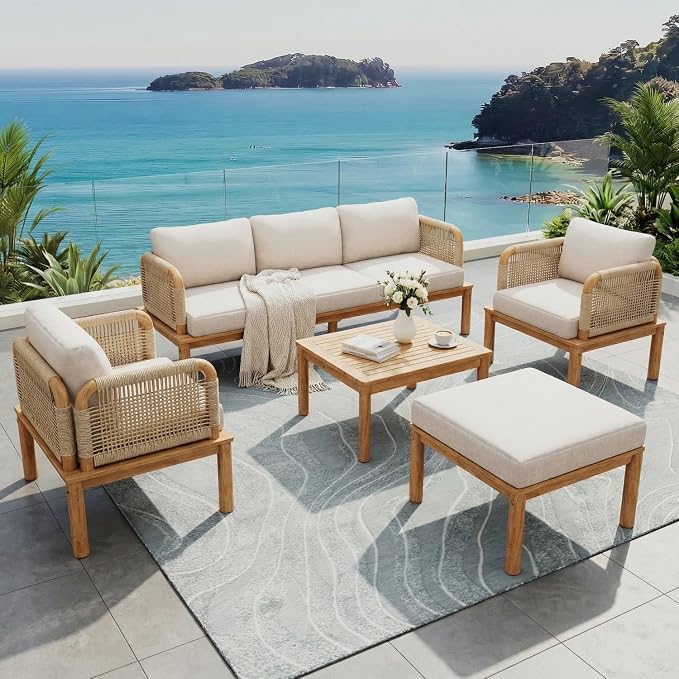 5-Piece Patio Furniture Set, Outdoor Conversation Set with Acacia Wood, Coffee Table and Ottoman, All-Weather Cushions for Backyard, Garden and Poolside(C-Beige)