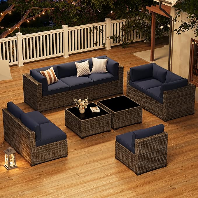 LazySunsets 10-Piece Patio Furniture Set, Wicker Rattan Outdoor Furniture with Thick Cushions, Patio Conversation Sets with Coffee Table, Outdoor Sectional Couch Sofa, Blue