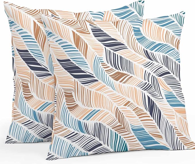 Vandarllin Outdoor Throw Pillows Covers 26x26 inch Set of 2 Waterproof Summer Beach Decorative Zippered Cushion Covers for Patio Furniture, Yellow Blue Ombre Abstract Leaf Lines Lumbar Pillowcases