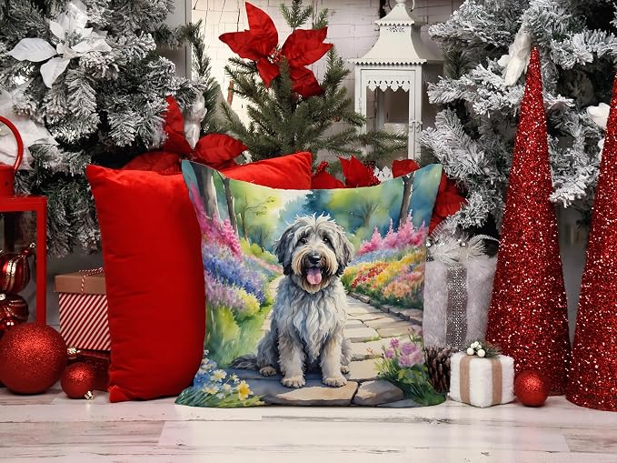 Caroline's Treasures Bergamasco Sheepdog Spring Path Throw Pillow Machine Washable, Indoor Outdoor Decorative Pillow for Couch, Bed or Patio, 14Hx14W