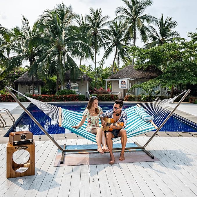 Lazy Daze Hammocks 12FT Quilted Fabric Double Hammock with Spreader Bars and Detachable Pillow, 2 Person Hammock for Outdoor Patio Backyard Poolside, 450 LBS Weight Capacity, Sailor Stripe