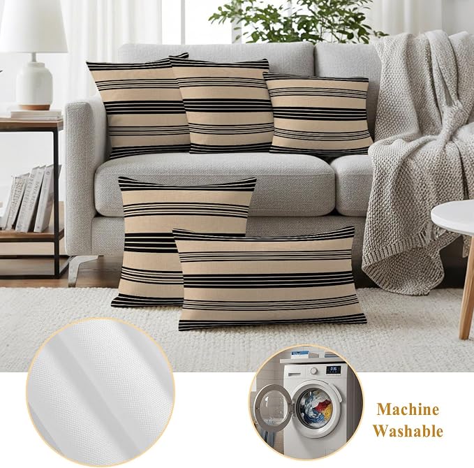 JasmineM Outdoor Pillow Cover Set of 2 Rustic Black Brown Stripes Waterproof Throw Pillow Covers Classic Parallel Lines Decorative Pillowcases Garden Cushion Case for Patio Couch Sofa 20x20 Inch