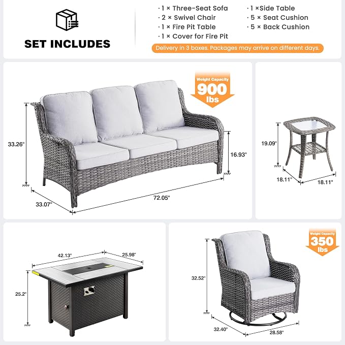 ovios 5-Piece Patio Furniture Set with Swivel Chairs Side Table, Outdoor Wicker Sofa with 42" Fire Pit Table, High Back Couch Modern Conversation Sets, Grey/Grey