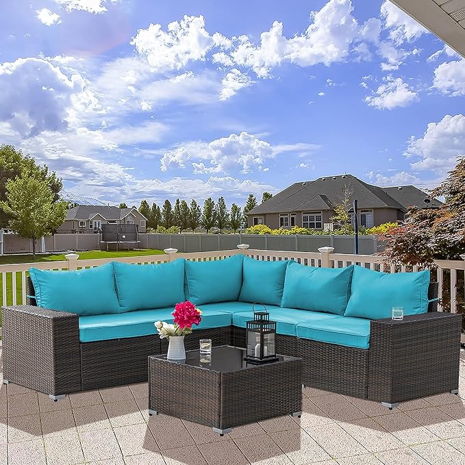 Kullavik Outdoor Patio Furniture Set 6 Pieces Sectional Rattan Sofa Set Brown PE Rattan Wicker Patio Conversation Set with 5 Seat Cushions and 1 Tempered Glass Table, Turquoise Blue