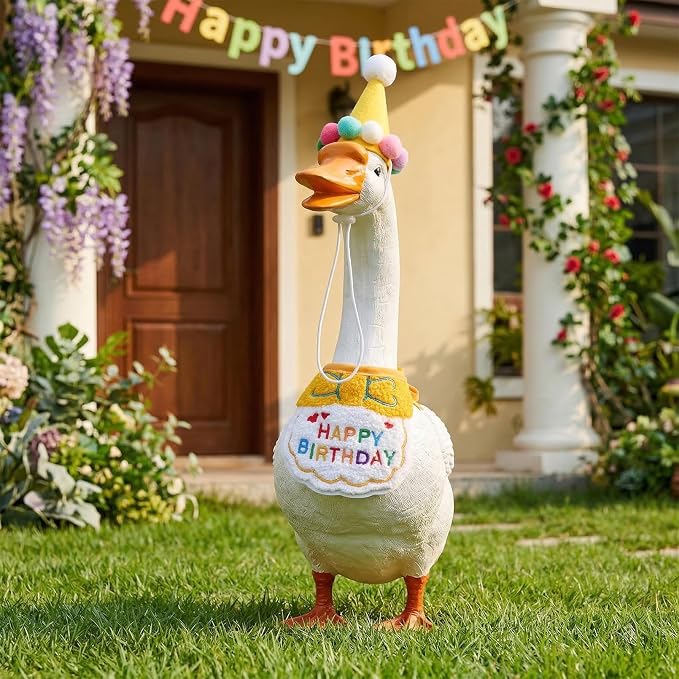 Jmkcoz Birthday Porch Goose Outfits Lawn Goose Statue Costume with Party Hat Bandana for 23" 17" Cement Plastic Statue Patio Yard Garden Outdoor Decor (Yellow)