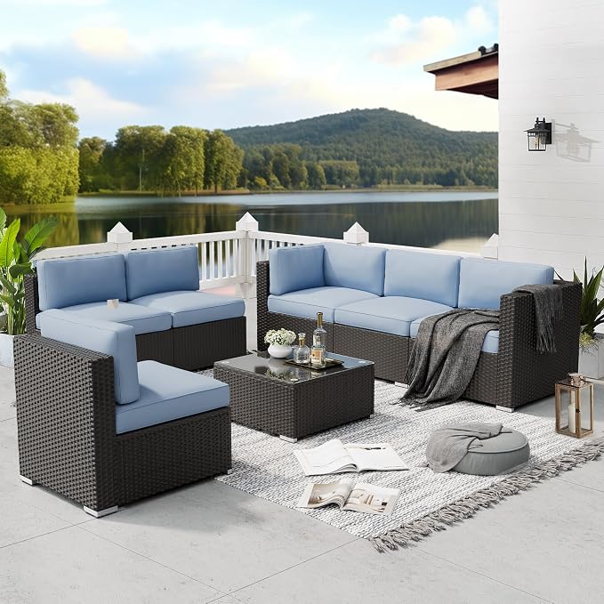 SOLAURA 7 Pieces Outdoor Patio Furniture Set, Black Brown Rattan Outdoor Patio Sectional Conversation Set, Modular Sofa Set with Coffee Table, Sky Blue (Include Sofa Cover)