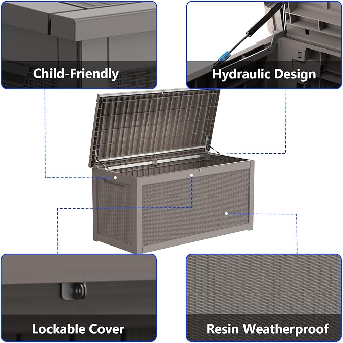 320 Gallon Outdoor Storage Box Resin Deck Box All Weather Waterproof Large Lockable Storage Container Deck Box for Patio Furniture, Garden Tools, Lockable, Gray