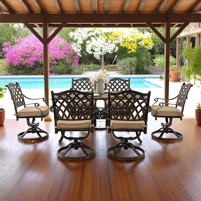 7 Piece Outdoor Dining Set Cast Aluminum Furniture Set，Retro Patio Dining Set for 6 Includes 59” Table and 6 Swivel Chairs with Cushions and 2" Umbrella Hole for Patio Deck Garden Poolside