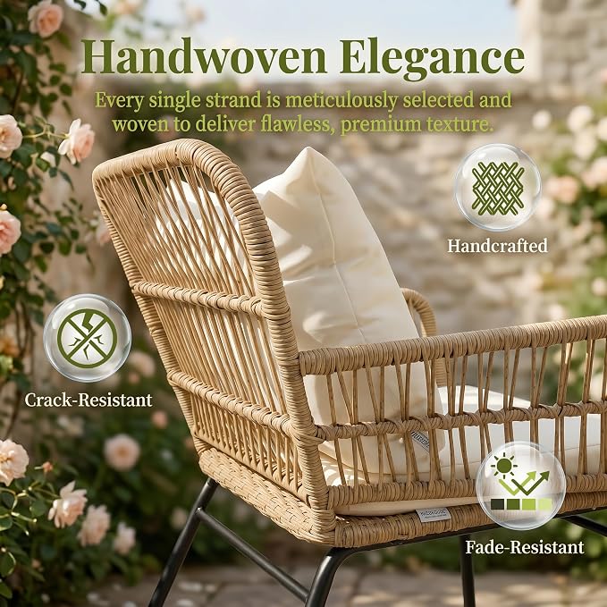 RADIATA 5 Pieces Outdoor Patio Boho Furniture Set, High Back Wicker Conversation Set with Side Table, Sturdy Rattan Sofa and Chair for Balcony Porch Deck Garden, Beige