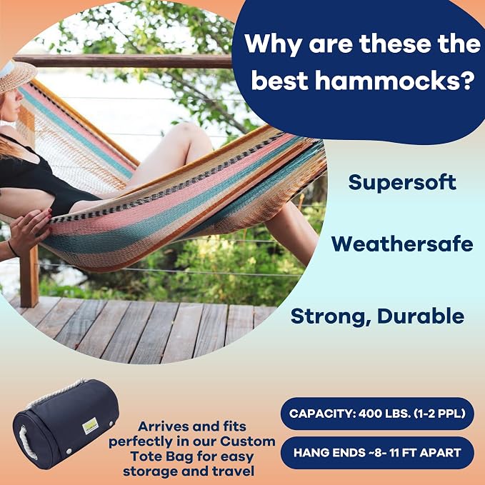 Handwoven Hammock by Yellow Leaf Hammocks - Double Size, Fits 1-2 PPL, 400lb max - Weathersafe, Super Strong, Easy to Hang, Ultra Soft, Artisan Made - Color: Desert Multicolor