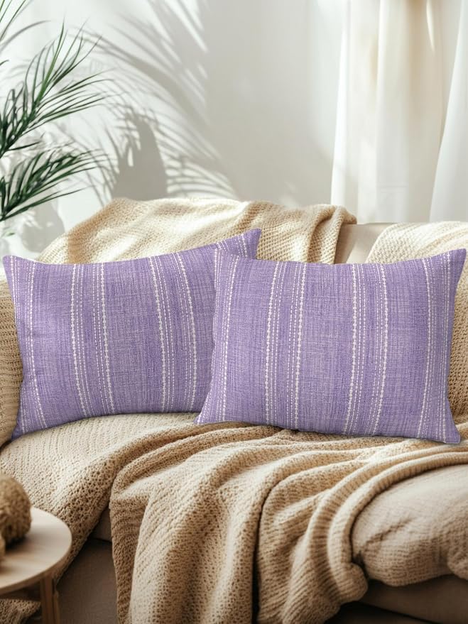 Waterproof Outdoor Pillow Set of 2 Lavender Linen Stripes Decorative Throw Pillows Cover & Insert 20x12 Inch Lumbar Pillowcase Parallel Vertical Lines Pillows for Couch Sofa Bed Patio Furniture