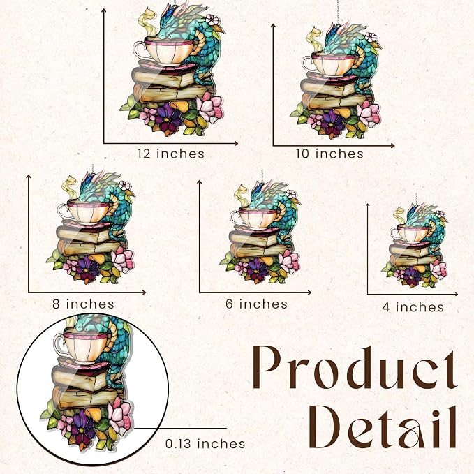 Book Dragon Floral Teacup Acrylic Suncatcher, Bookish Suncatchers for Window Hanging Ornament, Art Garden Decor for Book Lover Reader Bookworm, Gifts for Mother's Day, Mom, Grandma, Wife, Women, Nana