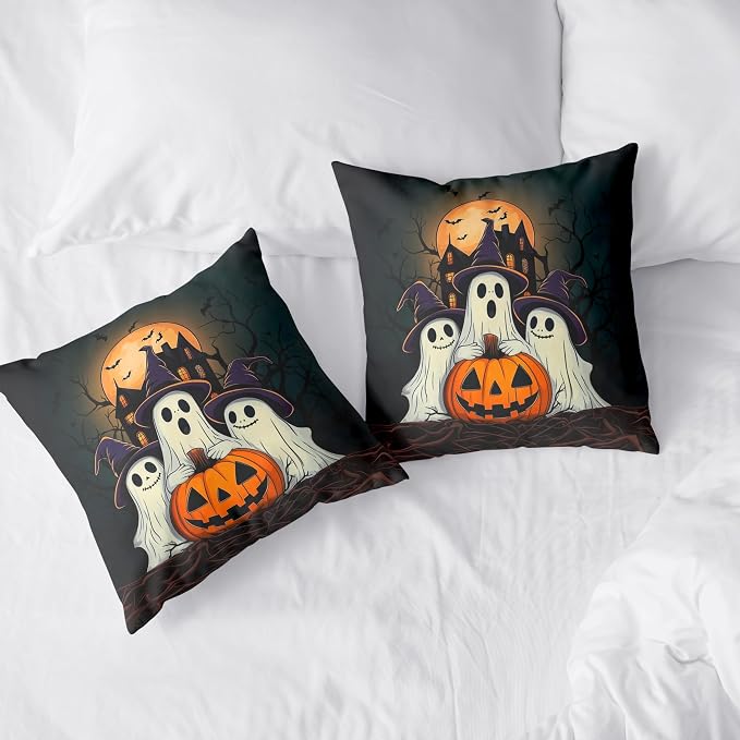 Set of 2 Halloween Pillow Covers 22x22 Ghost Throw Pillow Covers Full Moon Night Castle Bat Pillow Case Jack-O-Lantern Cushion Case for Holiday Party Decor Couch Sofa