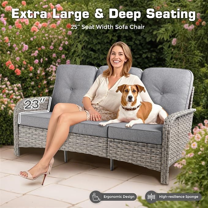 9 PCS Outdoor Patio Furniture Set with Fire Pit Table and Swivel Rocking Chairs,All Weather Wicker Rattan Patio Seating Sofa and Chair Set with Ottomans,Outdoor Conversation for Porch Deck Yard,Grey