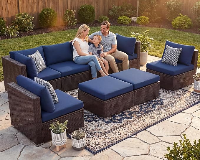 NICESOUL 8 Person Modern Deck Furniture Set, 29.3'' High Back Comfy Outdoor Sectional Sofa Set, Extra Large Wicker Patio Conversation Seating Sets for Terrace, Brown Rattan and Navy Blue Cushion