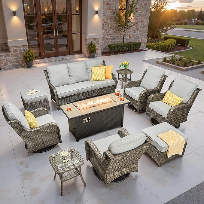 ovios 10-Piece Patio Furniture Set with Swivel Chairs Side Table, Outdoor Wicker Sofa with 54" Fire Pit Table, High Back Couch Modern Conversation Sets, Grey/Grey
