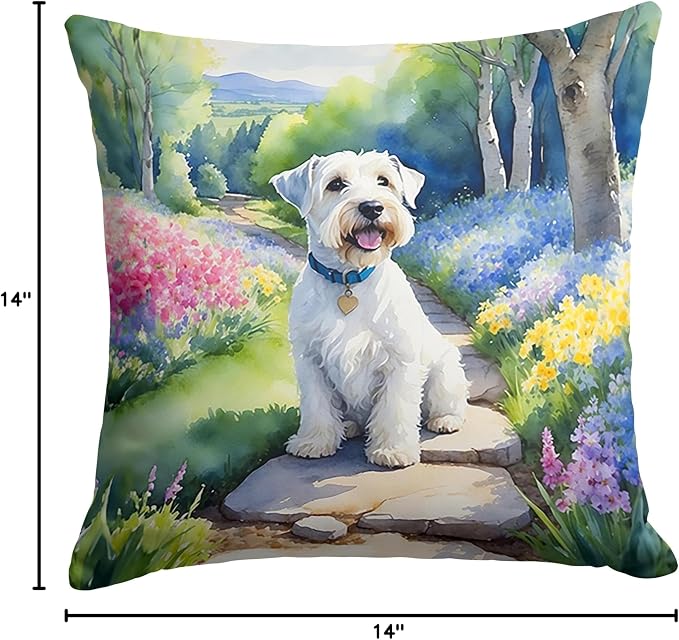 Caroline's Treasures Sealyham Terrier Spring Path Throw Pillow Machine Washable, Indoor Outdoor Decorative Pillow for Couch, Bed or Patio, 14Hx14W