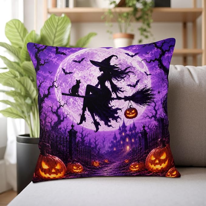Purple Halloween Pillow Covers 16x16 Set of 2 Full Moon Night Castle Witch Throw Pillow Covers Bat Jack-O-Lantern Decorative Pillowcase for Couch Sofa Indoor Outdoor