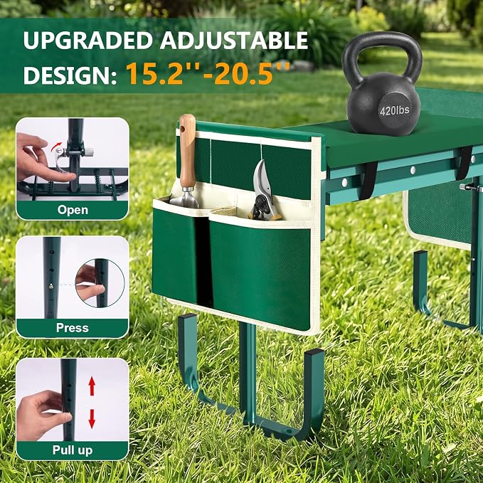 AUROPEAK Garden Kneeler and Seat, 7-Level Adjustable Stool with Handles | Cushioned kneeling pad, folding frame and tool bags for weeding, planting and pruning, ideal for seniors and home gardeners
