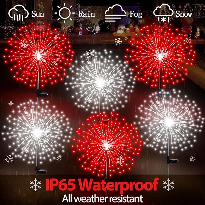 Tujoe 6 Pcs Solar Firework Stake Lights 180 LED 8 Modes Solar Waterproof LED Sparkler Lights Outdoor Decoration for Wedding Mother's Day Garden Patio Yard Pathway Walkway Lawn (Red, White)