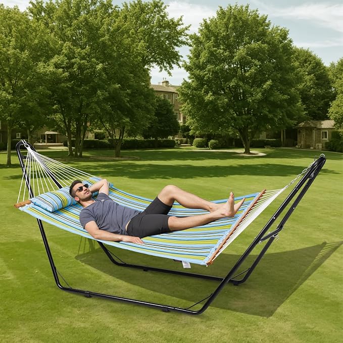 VEVOR Double Quilted Fabric Hammock with Universal Steel Stand, 2 Person Hammock with Stand, Detachable Pillow & Portable Bag 480lbs Capacity Free Standing Hammock for Outside, Patio, Garden, Beach