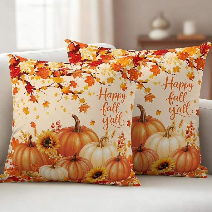 Orange Fall Waterproof Outdoor Pillow Covers 24''x24'' Set of 2, Maple Tree Branch Thanksgiving Pumpkin Patio Cushion Covers for Chairs,Decorative Countryside Leaves Pillow Cases for Garden/Pool/Beach