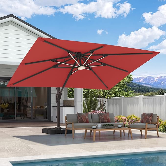 9x12 FT Cantilever Patio Umbrella with Led Lights Double Top Outdoor Rectangular Large Heavy Duty Aluminum Offset Umbrellas with 7 Level Tilt 360-degree Rotation for Pool Garden Deck, Wine Red