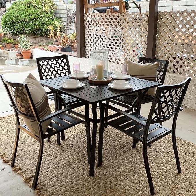 PHI VILLA Patio Dining Set, 4 Stackable Chairs w/Square Metal Table | 37" square metal table w/ 1.57" umbrella hole. Rust-resistant e-coated frame. Easy assembly. Perfect for patio,deck