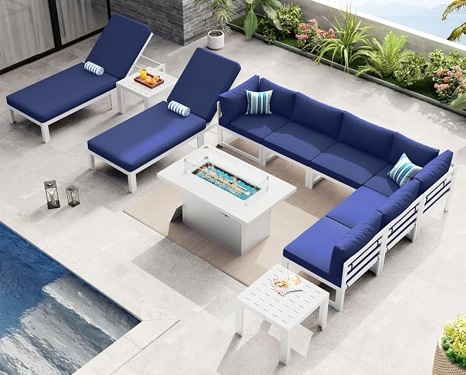 NICESOUL 11 Piece Oversized Luxury Aluminum Outdoor Sectional Sofa with Lounge, Weather Resistant Modular Patio Furniture Set, 500 lbs Heavy Duty Conversation Couch for Poolside Garden, Navy Blue