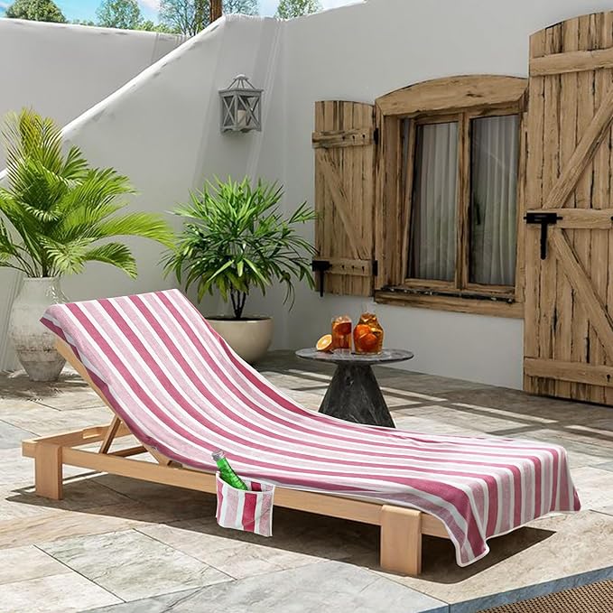 Lounge Chaise Chair Towel Cover - 1 Pc Ultra Plush & Absorbent Micro Fleece Towel Cover for Pool,Beach,Outdoor(Garden,Courtyard) | Faster Drying, Non-Slip, 2 Side Pockets | 85" x 30" - Pink