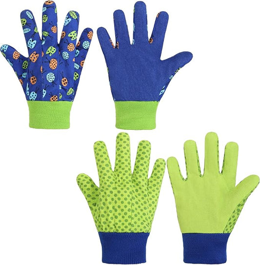 HANDLANDY 2 Pairs Kids Gardening Gloves, Cotton Kids Work Gloves, Green, M | Girls Boys Children Garden Yard Work Play Cycling Gloves with Knit Wrist, Cute Pattern, Gift