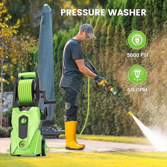 Pressure Washer 5000PSI Power Washers Powered with 33ft Pressure Hose, 4 Nozzle and Foam Cannon, powerwashers for Home, Light Green