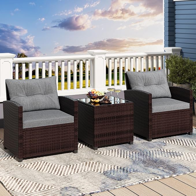 3 Pieces Wicker Patio Furniture Set, Outdoor Sofa Set with Water-Resistant Cushion & Tempered Glass Table, Outdoor Conversation Set Bistro Set for Garden, Balcony, Poolside(Gray)
