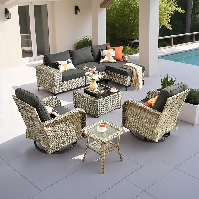 Outdoor Sectional Patio Furniture Set with Rocker Chairs,7 Pieces Wicker Conversation Sets L Shaped Couch,Extra Deep Out Door Sofa Outside Furniture,Black
