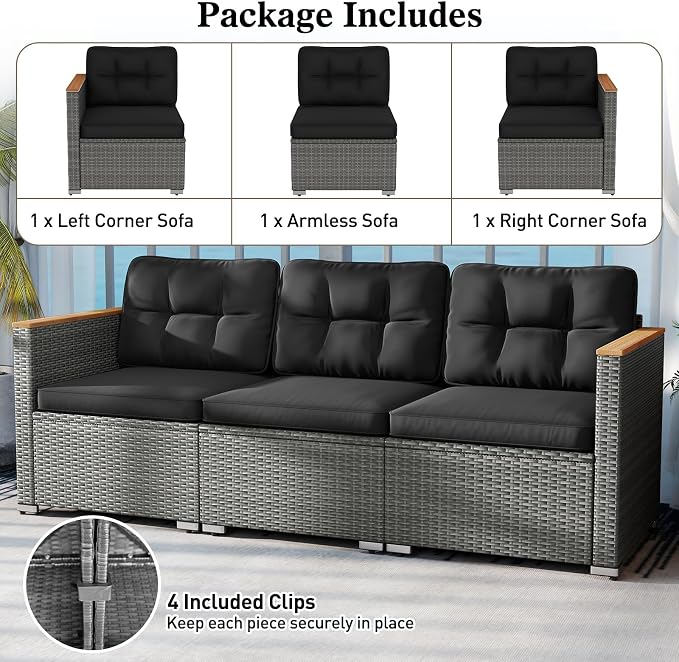 Tangkula 3-Seat Patio Wicker Couch Sofa, Outdoor 3 Seater Rattan Furniture Set with Acacia Wood Armrests & Thick Cushion, Outside Sectional Sofa Couch for Porch, Deck, Garden and Backyard, Black