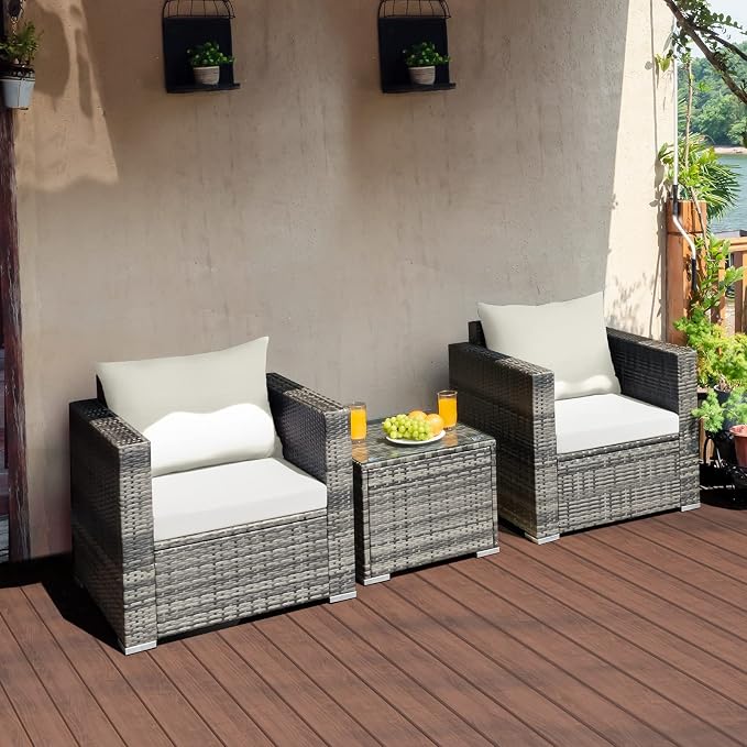 COSTWAY 3-Piece Patio Furniture Set, Outdoor Wicker Rattan Sofa with Cushions and Coffee Table, Conversation Chair Set for Poolside Backyard Balcony Lawn (White)