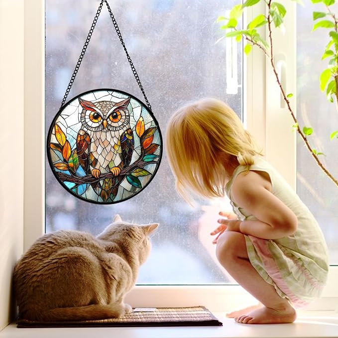 DASTOLL Stained Glass Window Hanging, Owl Colorful Leaves Birds Sun Catchers Diamond Glass Panel Hangings Suncatcher Decor for Birthday for Women, Men, Wife, Aunt, and Mom 11.8x11.8 in