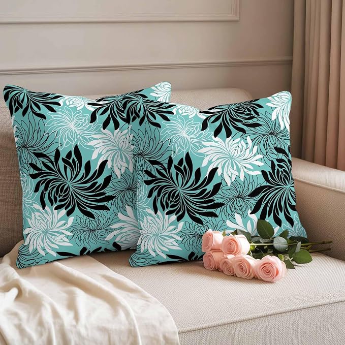 Yukro Teal Black Floral Outdoor Waterproof Pillow Covers Pack of 2, Vintage Teal White Black Flower Decorative Throw Pillowcases Cushion Covers for Garden Patio Tent Sofa Couch, 26x26 inch
