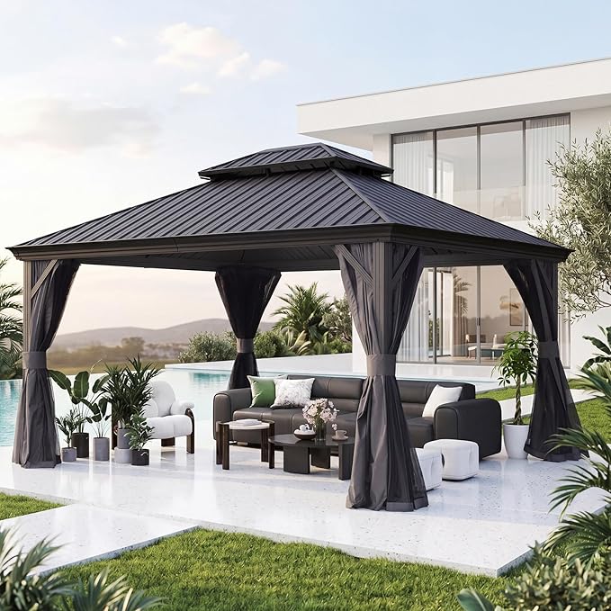 Domi Outdoor Hardtop Gazebo 12’x14’, Permanent Metal Gazebo for Patios with Aluminum Frame, Galvanized Steel Double Roof, Heavy Duty Curtains & Netting, Grey