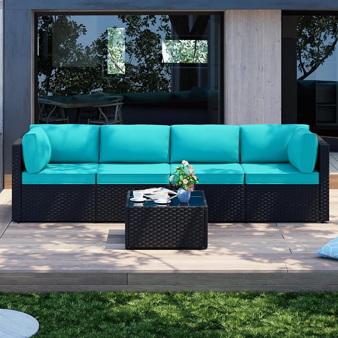 Patio Furniture Sets, 5 Piece Outdoor Sectional Sofas, Wicker Rattan Outdoor Furniture Patio Conversation Set, All-Weather PE Rattan Outdoor Couch for Backyard, Garden, Black & Blue
