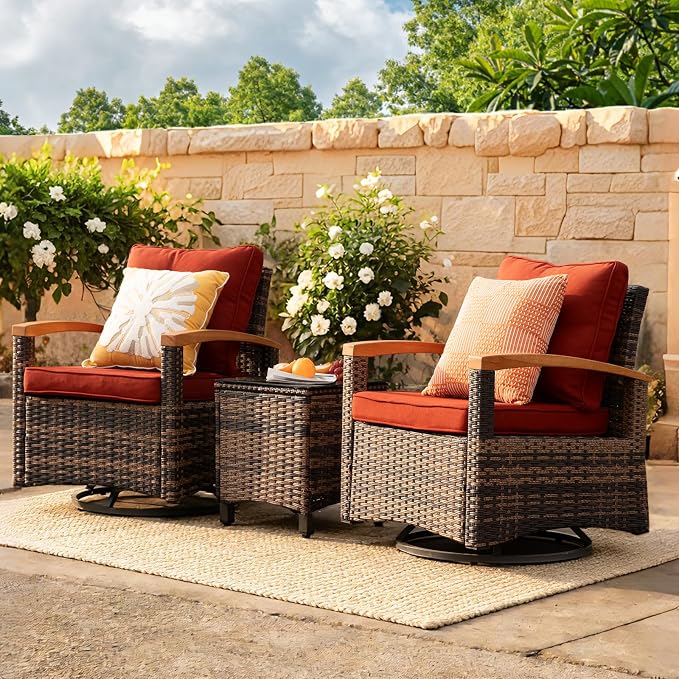 MEISSALIVVE 3 Piece Outdoor Swivel Rocking Chairs, Patio Furniture Bistro Set with 360° Wood Armrests Swivel Glide Chairs and Side Table for Deck Yard and Poolside (Red)