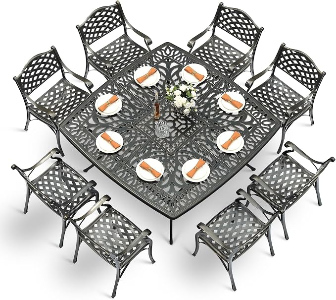 VIVIJASON 9-Piece Outdoor Dining Set, Cast Aluminum Retro Patio Furniture Table and Chairs Set for 8, Include Large 64" Square Dining Table and 8 Chairs with Umbrella Hole for Deck Porch